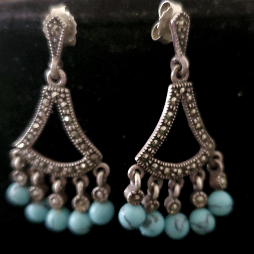 VINTAGE GORGEOUS STERLING SILVER TURQUOISE CHANDELIER EARRINGS